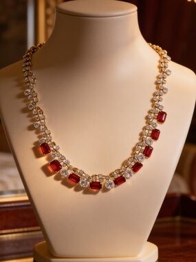 Silver-Tone w/Rhinestone & Red Crystal Collar Necklace